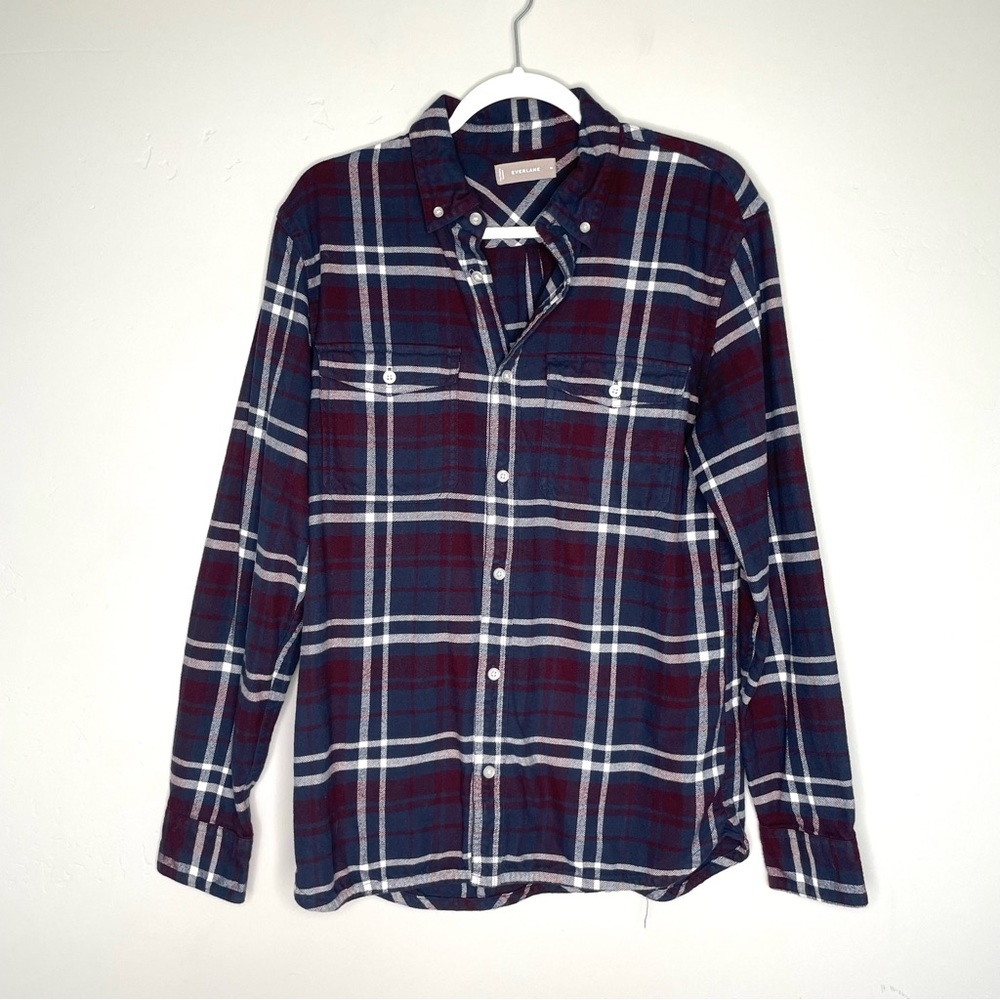 Everlane Brushed Cotton Plaid Flannel Button Down Shirt Men’s M Burgundy Blue‎